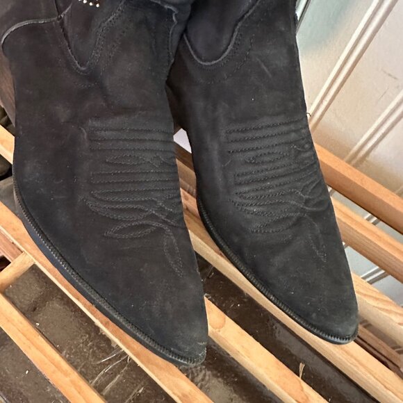 Vintage Black Suede Western Cowboy Boots With bird Detailing & Stacked Heels 7.5 - Picture 2 of 5